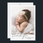 Faire-part Elégant photo moderne Collage Merci naissance<br><div class="desc">Carte simple de nouveau-né avec "merci" dans un script moderne avec le nom du bébé et la date de naissance. Le dos a un collage photo avec trois photos carrés avec votre message personnel. Cette faire-part de naissance élégante est une excellente façon d'annoncer la naissance de votre nouveau bébé garçon...</div>