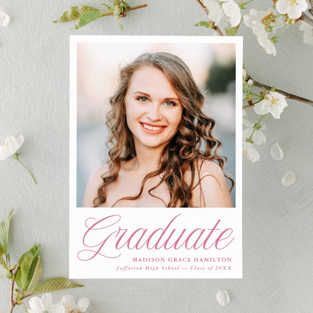 Faire-part Elegant Pink Script Photo Graduation (Créateur téléchargé)