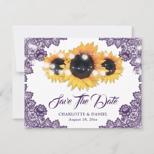 Faire-part Elegant Purple Floral Lace Sunflower Wedding (Devant)