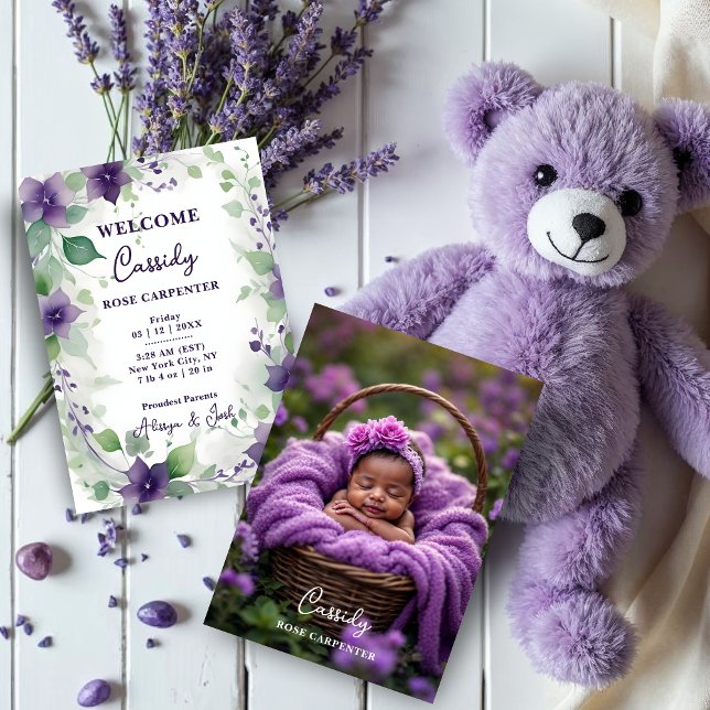 Faire-part  Elegant Purple Garland Flowers Photo Birth Baby (Elegant Purple Garland Flowers on a White Background – Announcement Birth Cards with Back Photo. )