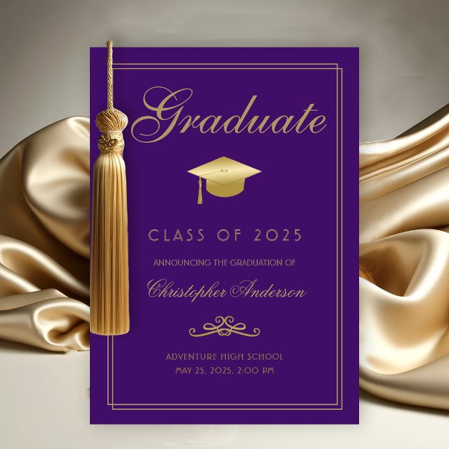 Faire-part Élégant Purple Gold Formal Script Graduation (Elegant Graduate Graduation Announcement with Gold Grad Cap, calligraphy script purple background)