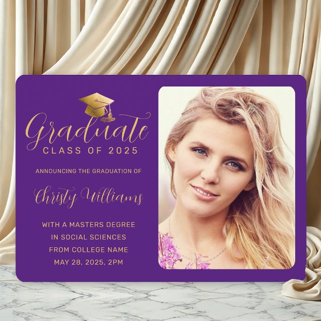 Faire-part Élégant Purple Gold Photo College Graduation (Pur4ple and Gold Photo Graduation Announcement for College Grads)