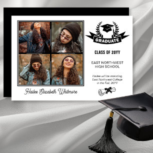 Faire-part Elégant quatre photo noir   Diplôme blanc