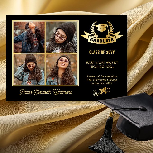 Faire-part Elégant quatre photo noir | Diplôme d'or (Elegant Four Photo Black and Gold Tone Graduation Announcement - Print | Digital Download)