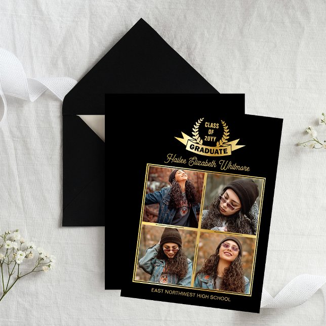 Faire-part Elégant quatre photo noir | Diplôme d'or (Elegant 4 Photo Collage "Graduate" Laurels High School Graduation Announcement - Black | Gold Tone)