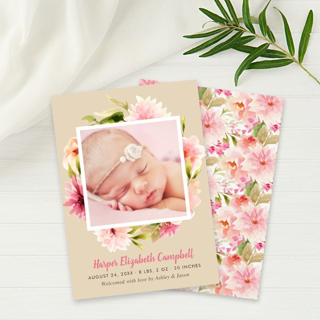 Faire-part Élégant rose floral bébé fille photo Beige naissan (Créateur téléchargé)