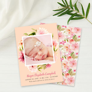 Faire-part Élégant rose floral bébé fille photo Pêche naissan