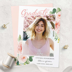 Faire-part Élégant Rose Floral Diplômé de la photo