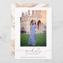 Faire-part Élégant Rose Gold Marble Script Graduation Photo
