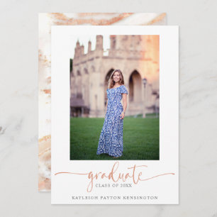 Faire-part Élégant Rose Gold Marble Script Graduation Photo