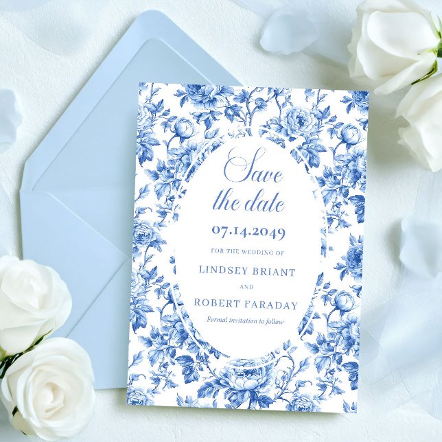 Faire-part Elegant Royal Blue Toile Save the Date Wedding Car (Elegant Royal Blue Toile Save the Date Wedding Card)
