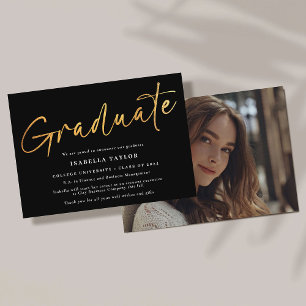 Faire-part Élégant Script Black Gold Photo Graduation