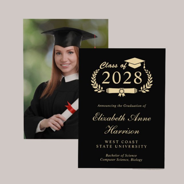 Faire-part Élégant Script Black Photo Gold College Graduation (Share the pride and excitement of your graduate's achievement with friends and family near and far)