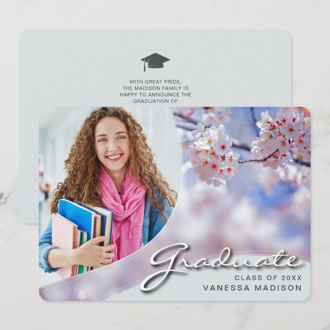 Faire-part Élégant Script Cherry Blossom | Modern Photo Grad (Devant / Derrière)