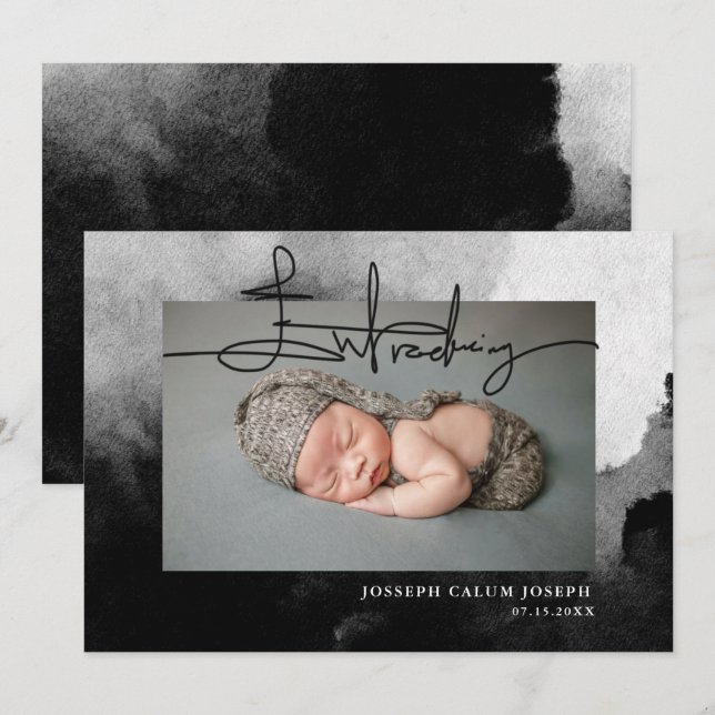 Faire-part Élégant Script de Présentation Photo Bébé Noir Bla (Devant / Derrière)