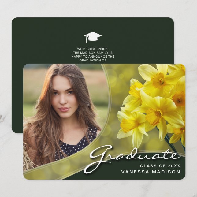 Faire-part Élégant Script Fleurs Jaunes | Modern Photo Grad (Devant / Derrière)
