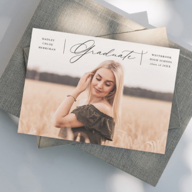 Faire-part Élégant Script Graduate Photo Graduate (Elegant script graduate photo graduation announcement invitation.)