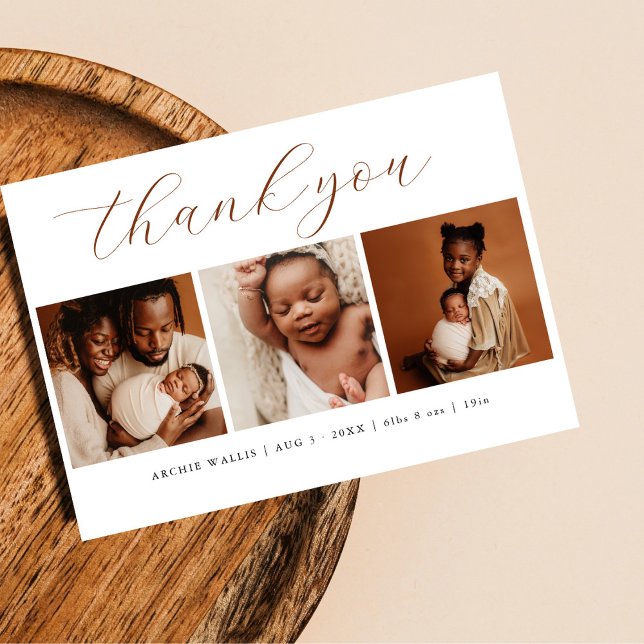 Faire-part Élégant Script Minimal 3 Merci photo Nouveau bébé (Créateur téléchargé)