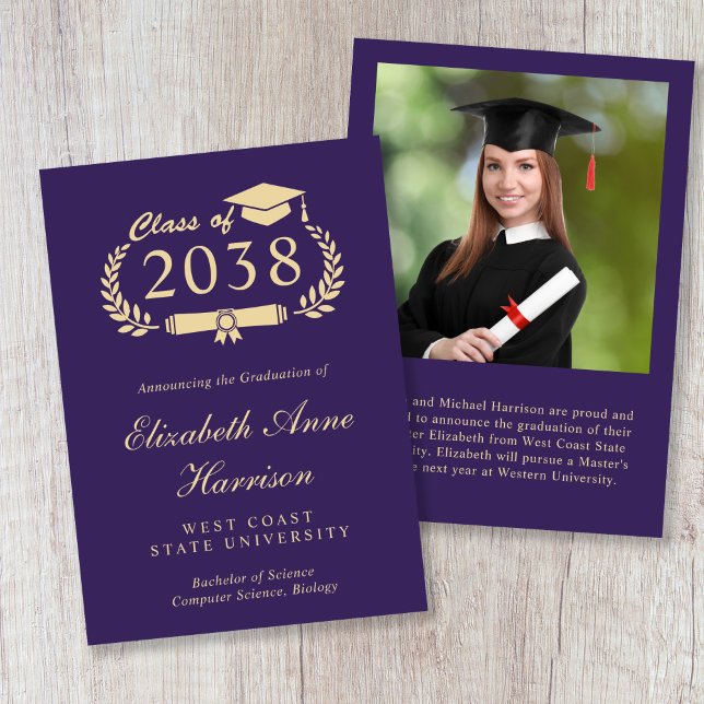 Faire-part Élégant Script Or Pourpre Photo Diplômé (Elegant Gold Script Purple Photo Graduation Announcement)