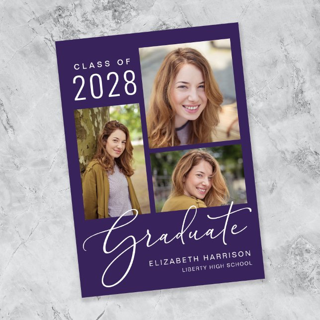 Faire-part Élégant Script Photo Collage Purple Graduation (An elegant photo collage graduation announcement to celebrate the graduate's achievements)