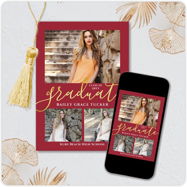 Faire-part Élégant Script Red Gold 3-Photo Collage Graduation (Créateur téléchargé)