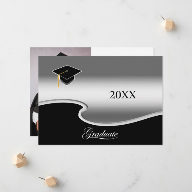 Faire-part Elegant Silver and Black with Photo Graduation (Devant/Arrière en situation)