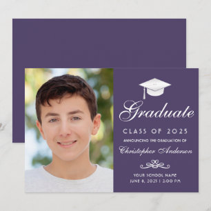 Faire-part Élégant violet blanc Script photo Graduation