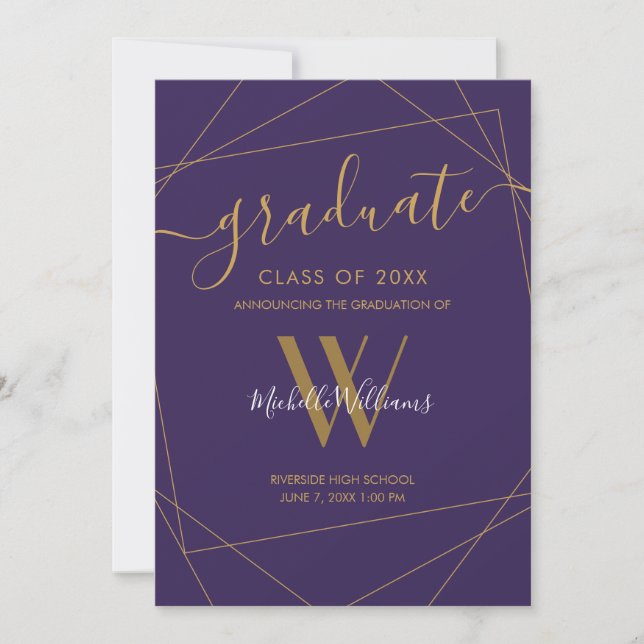 Faire-part Élégant violet or géométrique Monogramme graduatio (Devant)