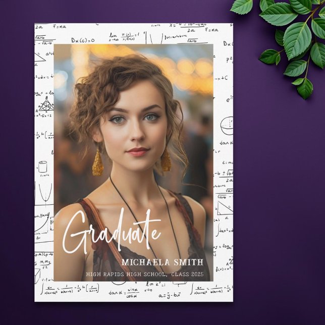 Faire-part Élégant White Mathematics Script Photo Graduation (Créateur téléchargé)