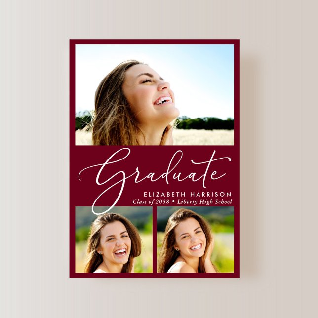Faire-part Élégant White Script 3 Photo Burgundy Graduation (An elegant photo graduation announcement to celebrate the graduate's achievements)