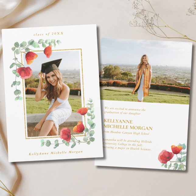 Faire-part Elégante aquarelle de coquelicot Floral 2 Photo Gr (Elegant Poppy Watercolor Floral 2 Photo Graduation Announcement
)