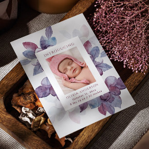 Faire-part Elégante aquarelle violet florale feuille naissanc