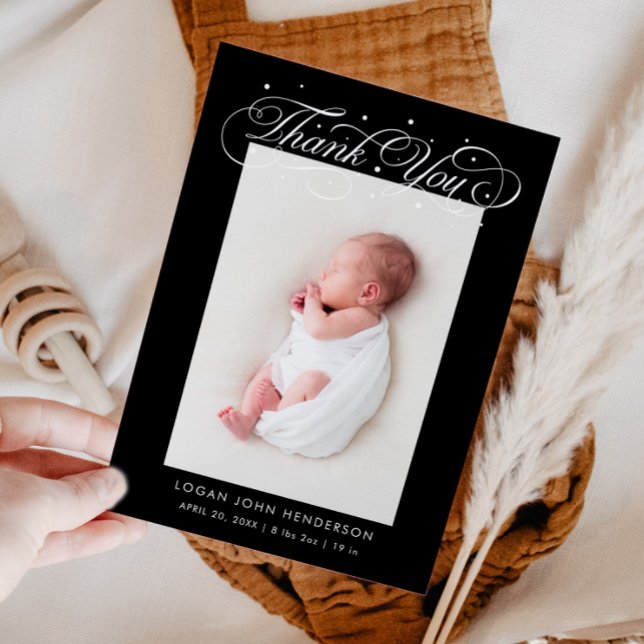 Faire-part Élégante calligraphie Merci Naissance noire (Créateur téléchargé)