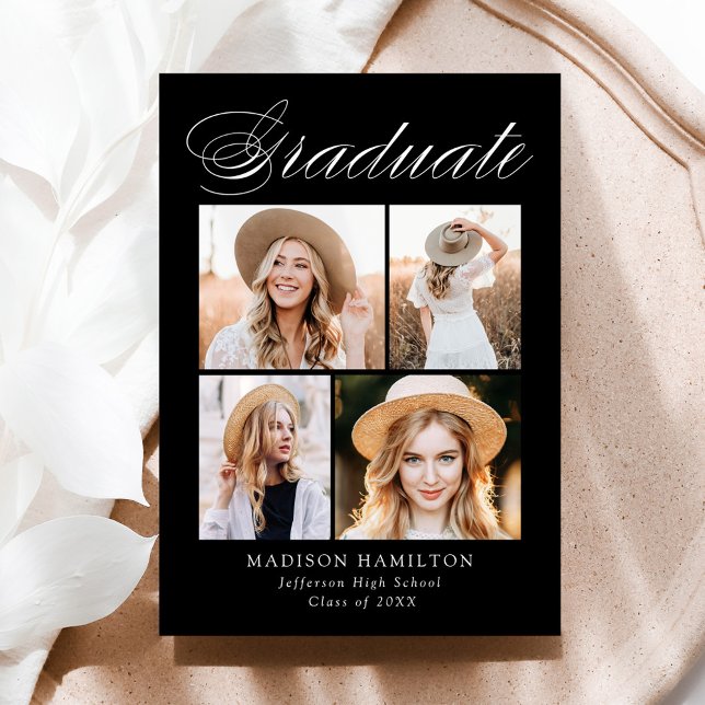 Faire-part Élégante calligraphie Noir 4 Photo Graduation (Créateur téléchargé)