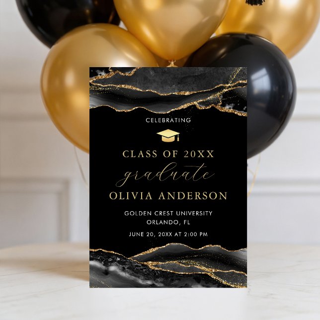 Faire-part Élégante et Moderne Rentrée des Classes Noir et Or (Modern Black and Gold Graduation announcement invitation)
