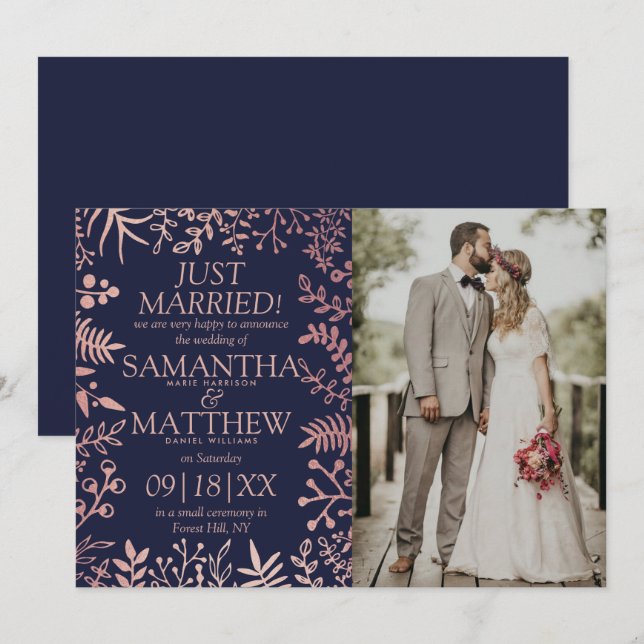 Faire-part Elégante Marine & Rose Gold Floral Mariage Photo (Devant / Derrière)