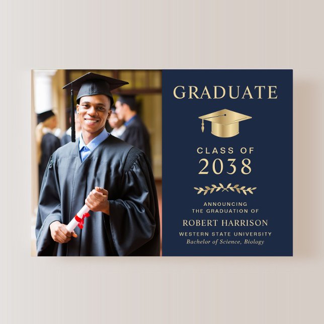 Faire-part Élégante Photo Blue Gold Foil College Graduation (An elegant college graduation announcement to celebrate the graduate's achievements)