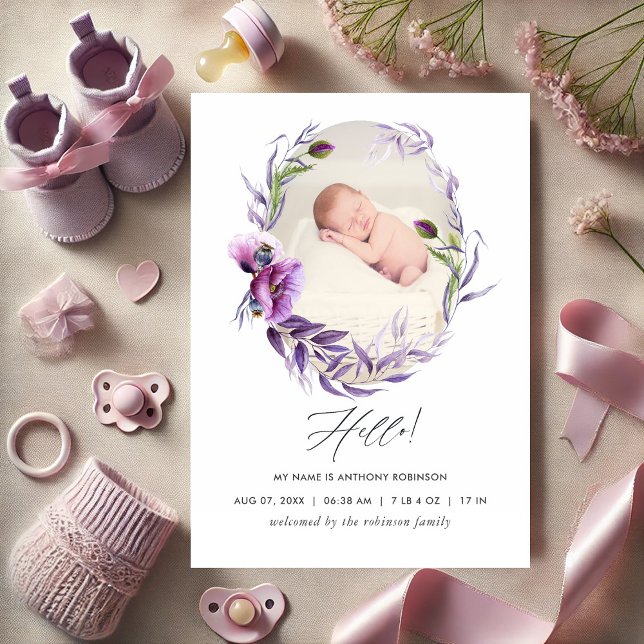 Faire-part Élégante Photo de Bébé Fleur Pourpre (Elegant Purple Floral Photo Baby Announcement)