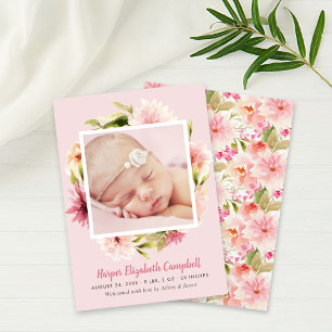 Faire-part Élégante Photo de naissance de bébé fille aux fleu