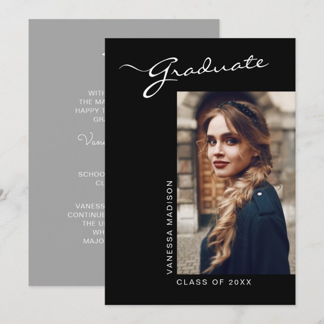 Faire-part Élégante photo de script moderne | Graduation (Devant / Derrière)