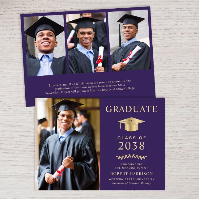 Faire-part Élégante Photo Purple Gold College Graduation (An elegant college graduation announcement to celebrate the graduate's achievements)