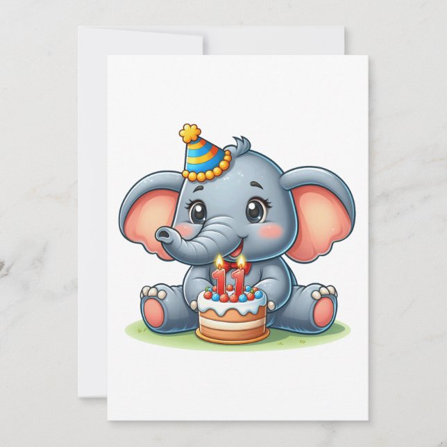 Faire-part Éléphant Mignon 11ème Anniversaire (Devant)