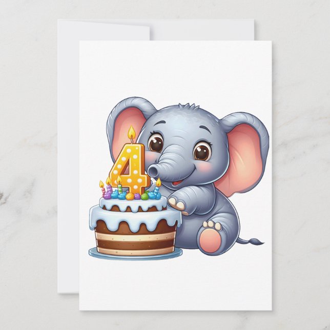 Faire-part Éléphant Mignon 4ème Anniversaire (Devant)