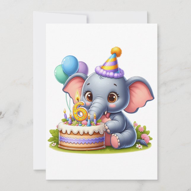 Faire-part Éléphant Mignon 6ème Anniversaire (Devant)
