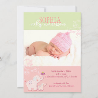 Faire-part Eléphant rose Bébé fille photo naissance