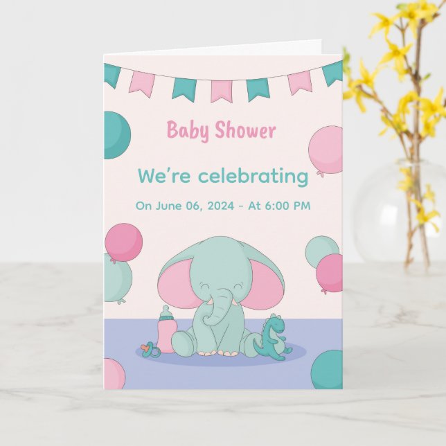 Faire-part éléphanteaux mignons pour Baby Shower (Fleur jaune)