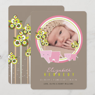 Faire-part Eléphants roses mignons Famille Bébé Fille Photo N