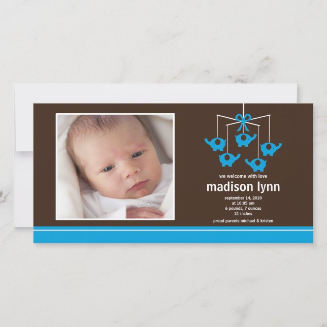 Faire-part Eléphants Turquoise Baby Girl Annouement de naissa (Devant)