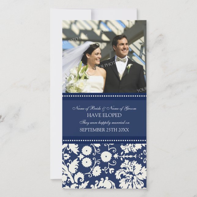 Faire-part Elopement Carte photo bleu Damask (Devant)