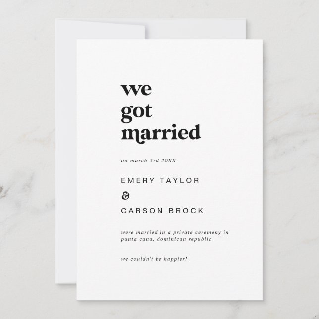 Faire-part Elopement de la typographie noire moder (Devant)